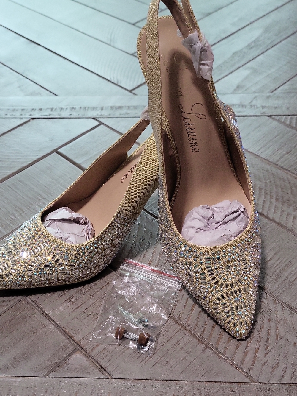 Lauren Lorraine Rachel Gold Crystal Embellished Pointed Slingback Heels